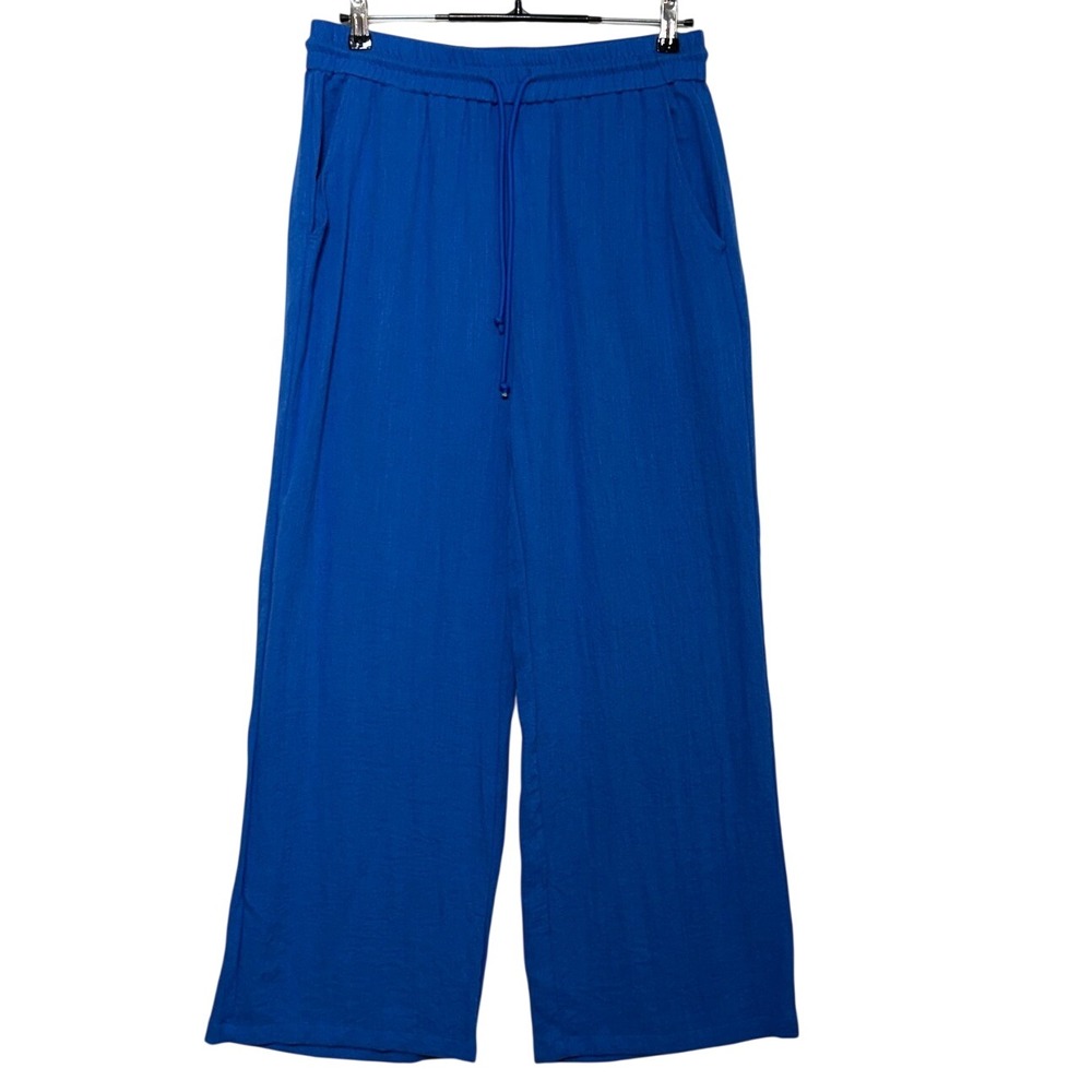 Halara Pants Womens Large 32X28 Blue Wide Leg Drawstring Viscose Blend Textured